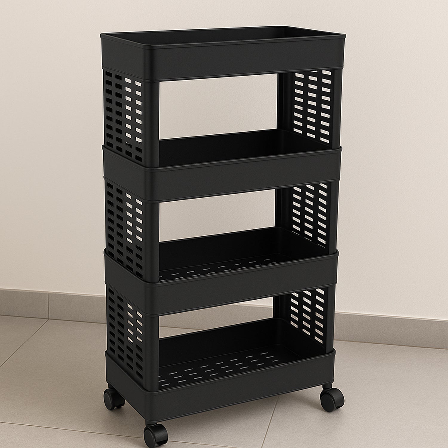 4-Layer Plastic Storage Rack with Wheels 4-Layer Plastic Storage Rack with Wheels